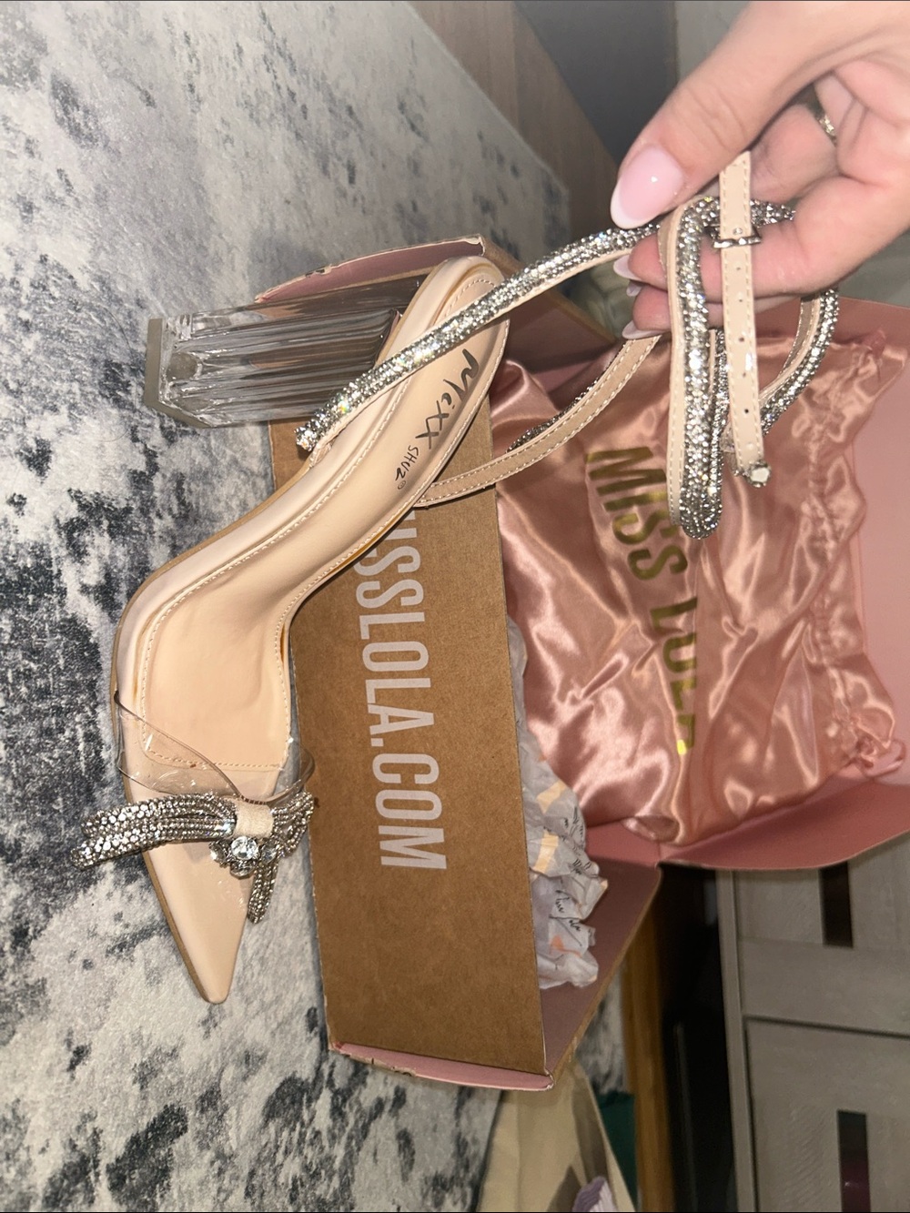 Miss Lola Nude Crystal Ankle-Strap Heels